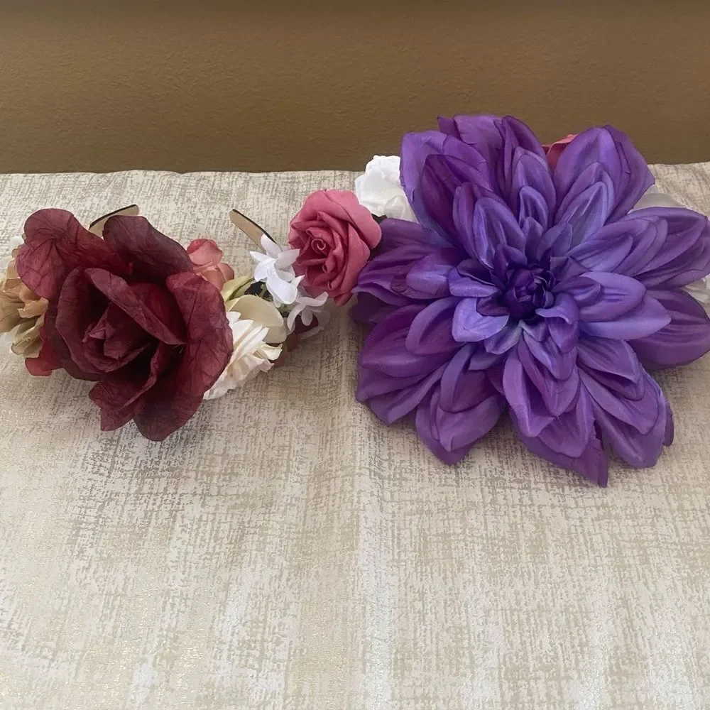 Two Handmade Colorful Floral “Day of the Dead” Dia de Los Muertos Headbands. EUC